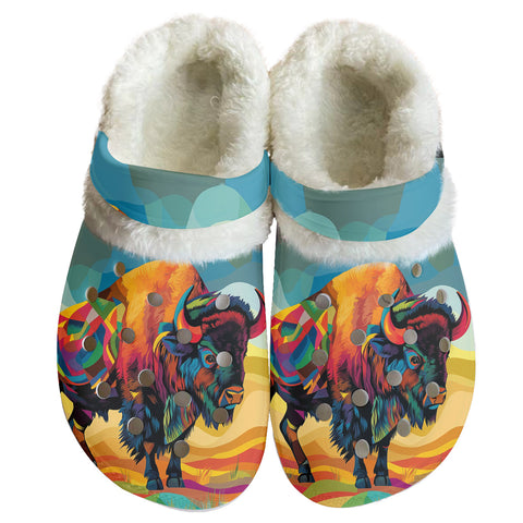 GB-NAT00904 Bison Pattern Native American Classic Clogs with Fleece Shoes