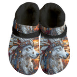 GB-NAT00905 Wolf Pattern Native American Classic Clogs with Fleece Shoes