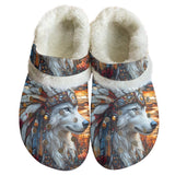 GB-NAT00905 Wolf Pattern Native American Classic Clogs with Fleece Shoes