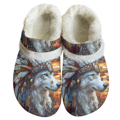 GB-NAT00905 Wolf Pattern Native American Classic Clogs with Fleece Shoes