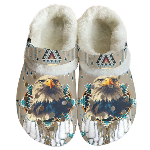 GB-NAT00911 Eagle Pattern Native American Classic Clogs with Fleece Shoes