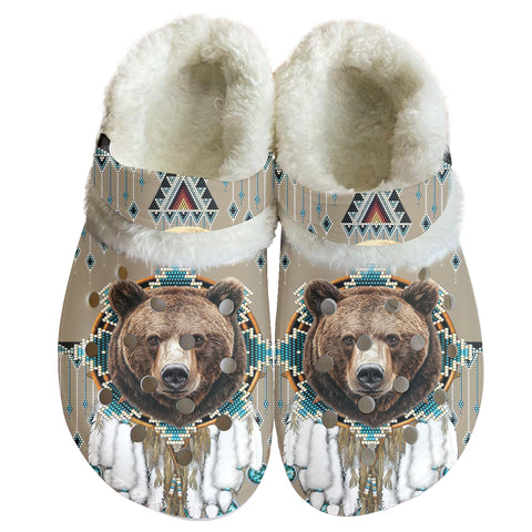 GB-NAT00912 Bear Pattern Native American Classic Clogs with Fleece Shoes