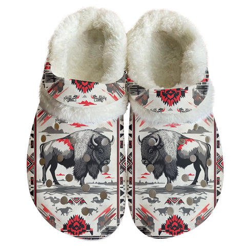 GB-NAT00913 Bison Pattern Native American Classic Clogs with Fleece Shoes