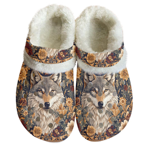 GB-NAT00915 Wolf Pattern Native American Classic Clogs with Fleece Shoes