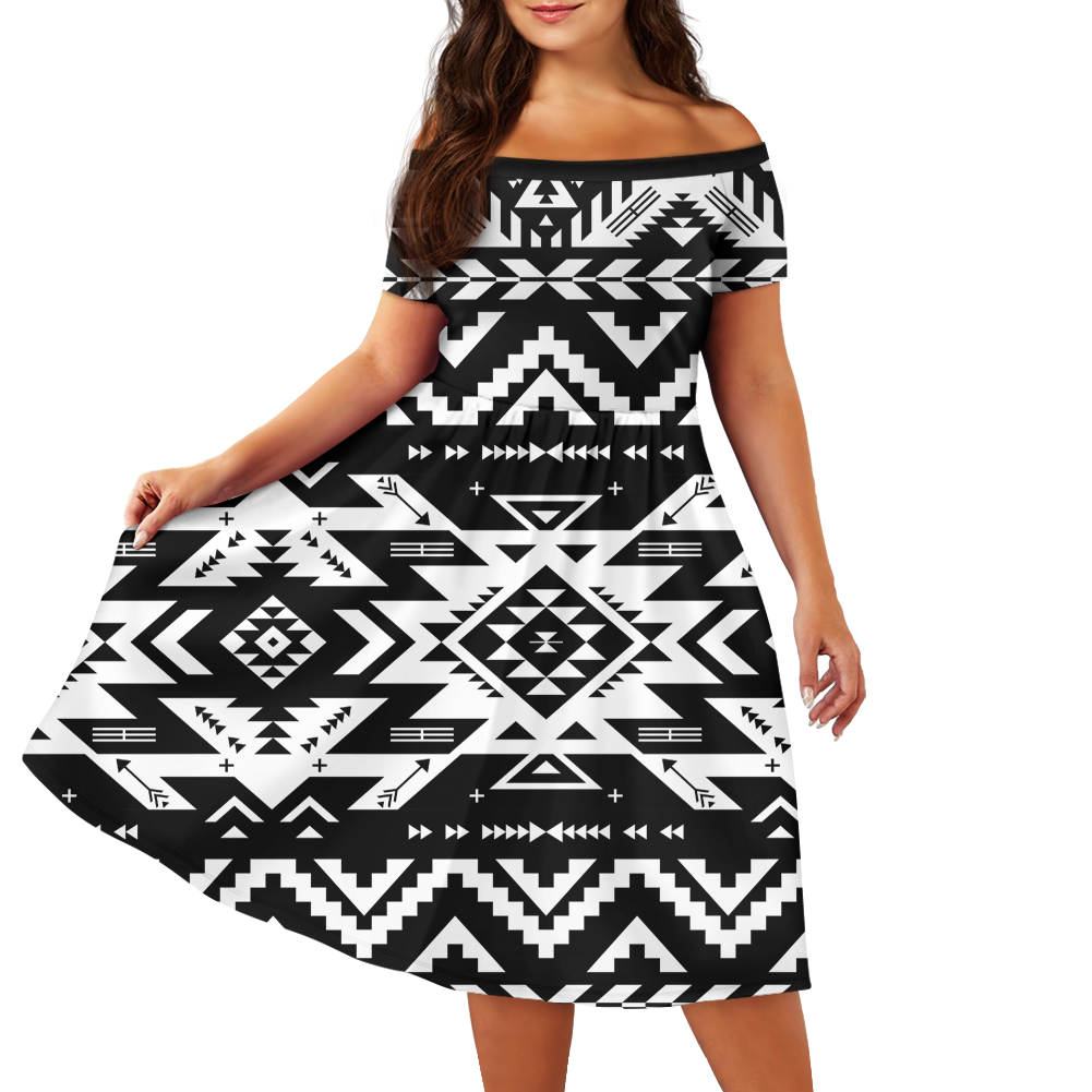 Powwow StoreGBNAT00441 Pattern Native Off Shoulder Short Sleeved Dress