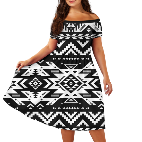 Powwow StoreGBNAT00441 Pattern Native Off Shoulder Short Sleeved Dress