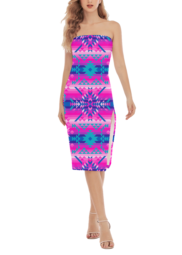 Powwow StoreGBNAT00630 Pattern Native Women's Side Split Tube Top Dress