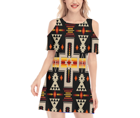GB-NAT00062-01 Pattern Native Women's Cold Shoulder O-neck Dress