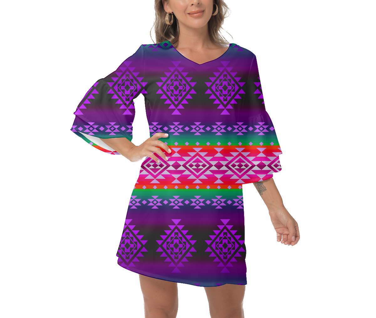Powwow StoreGBNAT0068004 Native  Design Print Women's VNeck Dresss