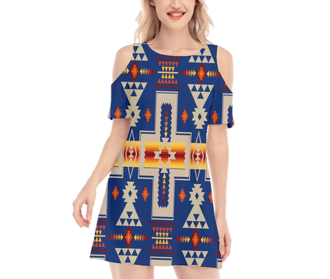 GB-NAT00062-04 Pattern Native Women's Cold Shoulder O-neck Dress