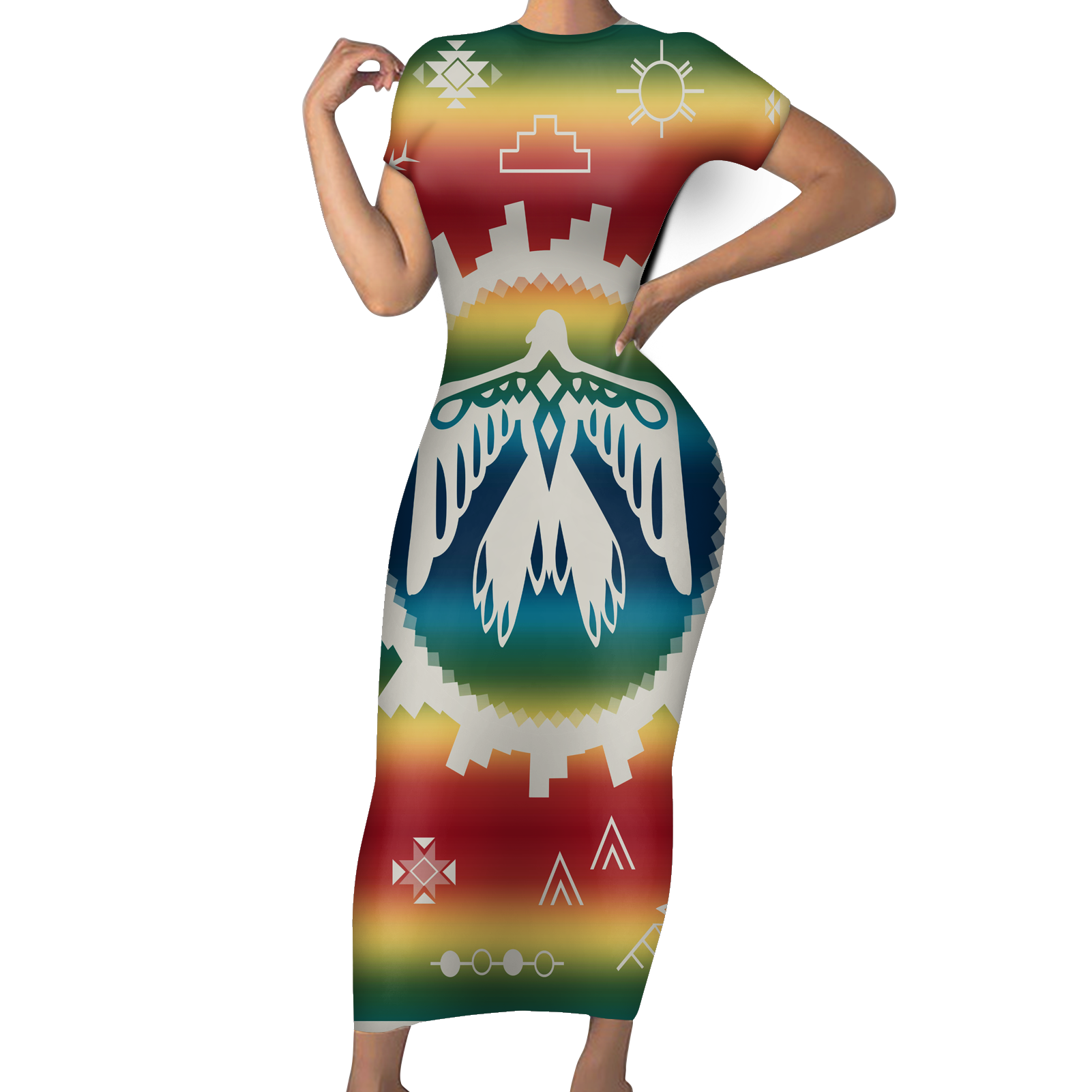 Powwow StoreGBNAT00076 Native Tribes Pattern Native American ShortSleeved Body Dress