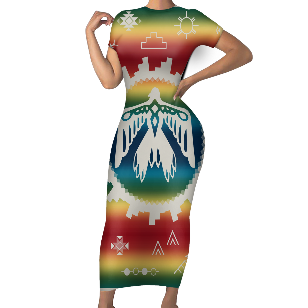 Powwow StoreGBNAT00076 Native Tribes Pattern Native American ShortSleeved Body Dress