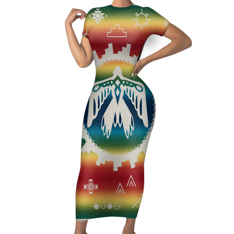 Powwow StoreGBNAT00076 Native Tribes Pattern Native American ShortSleeved Body Dress