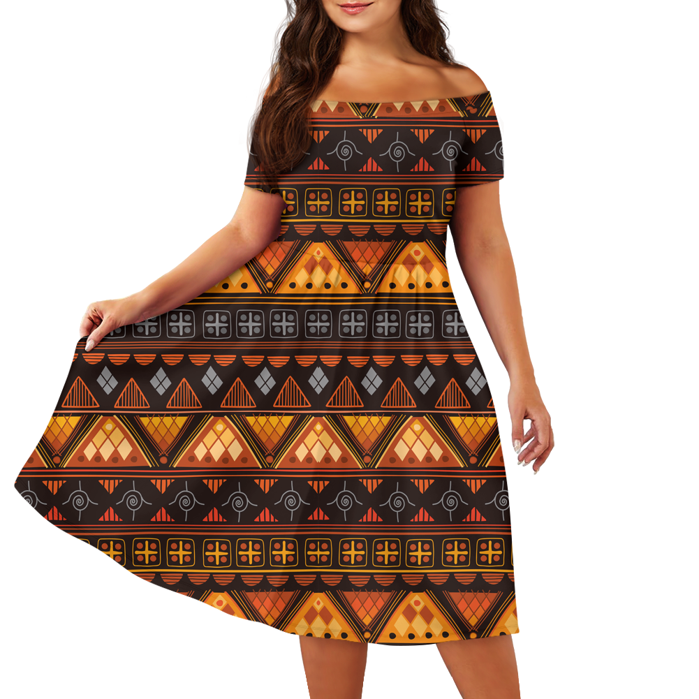 Powwow StoreGBNAT00644 Pattern Native Off Shoulder Short Sleeved Dress