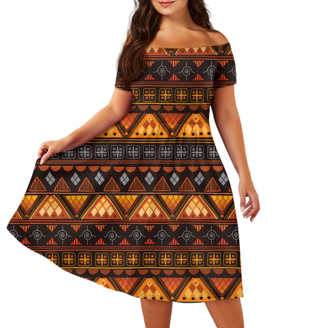 Powwow StoreGBNAT00644 Pattern Native Off Shoulder Short Sleeved Dress