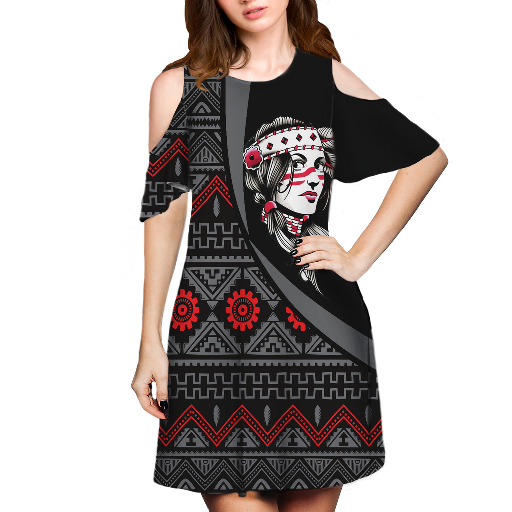 Powwow StoreCSDR0007 Pattern Native Cold Shoulder Dress With A Round Neckline