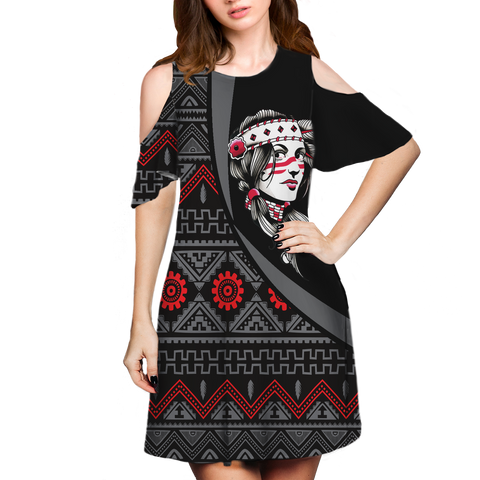 Powwow StoreCSDR0007 Pattern Native Cold Shoulder Dress With A Round Neckline