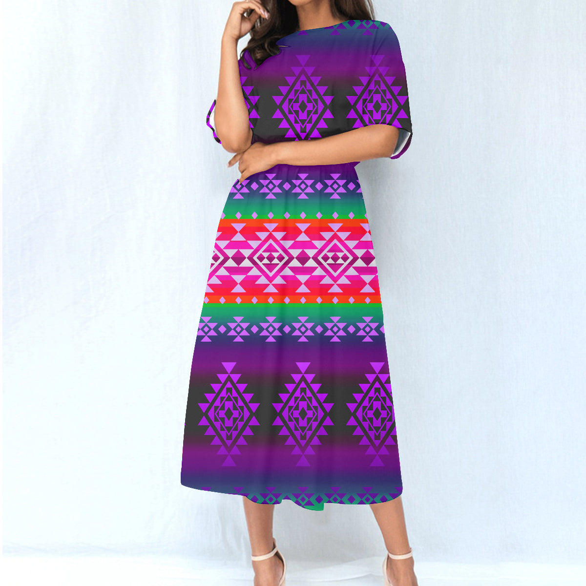 Powwow StoreGBNAT0068004 Pattern Native Women's Elastic Waist Dress