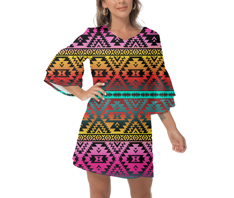 GB-NAT00689 Native  Design Print Women's V-Neck Dresss