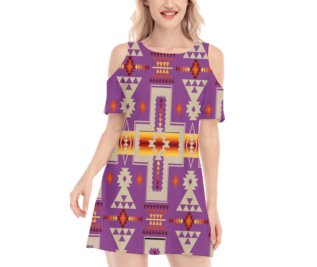 Powwow StoreGBNAT0006207 Pattern Native Women's Cold Shoulder Oneck Dress