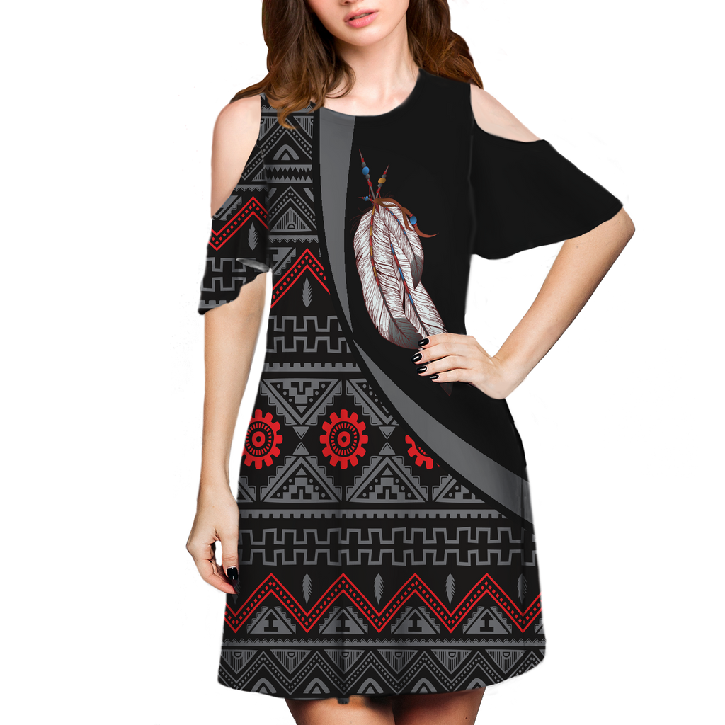 Powwow StoreCSDR0008 Pattern Native Cold Shoulder Dress With A Round Neckline