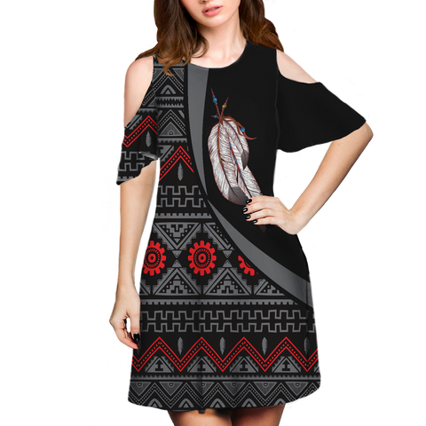 Powwow StoreCSDR0008 Pattern Native Cold Shoulder Dress With A Round Neckline