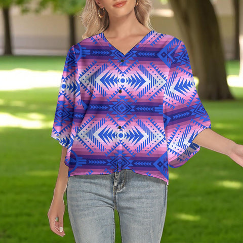 250325M10v2 Native American Women V-Neck Batwing Sleeve Button Top