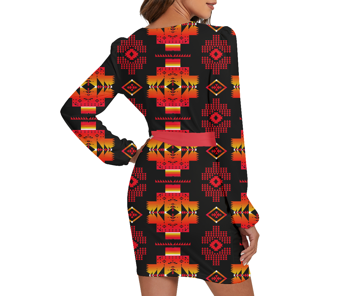 Powwow Storegb nat00720 04 pattern native long sleeve dress with waist belt