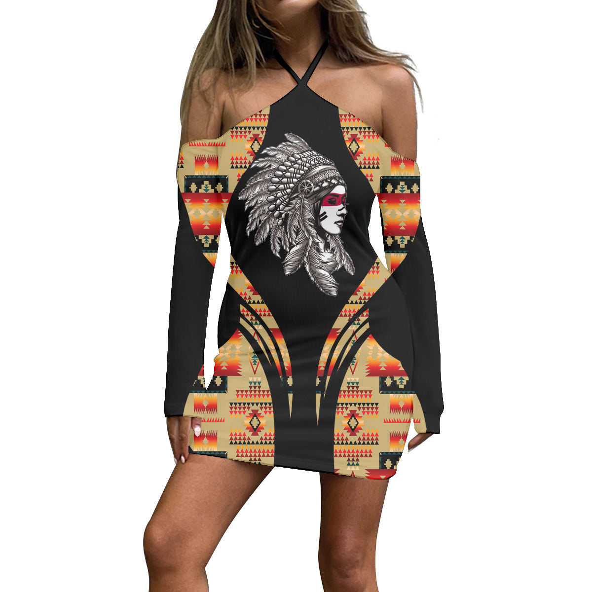 Powwow Store3WDSGA0600025 Pattern Native Women’s Stacked Hem Dress With Short Sleeve
