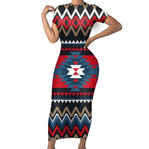 GB-NAT00529 Native Tribes Pattern Native American Short-Sleeved Body Dress