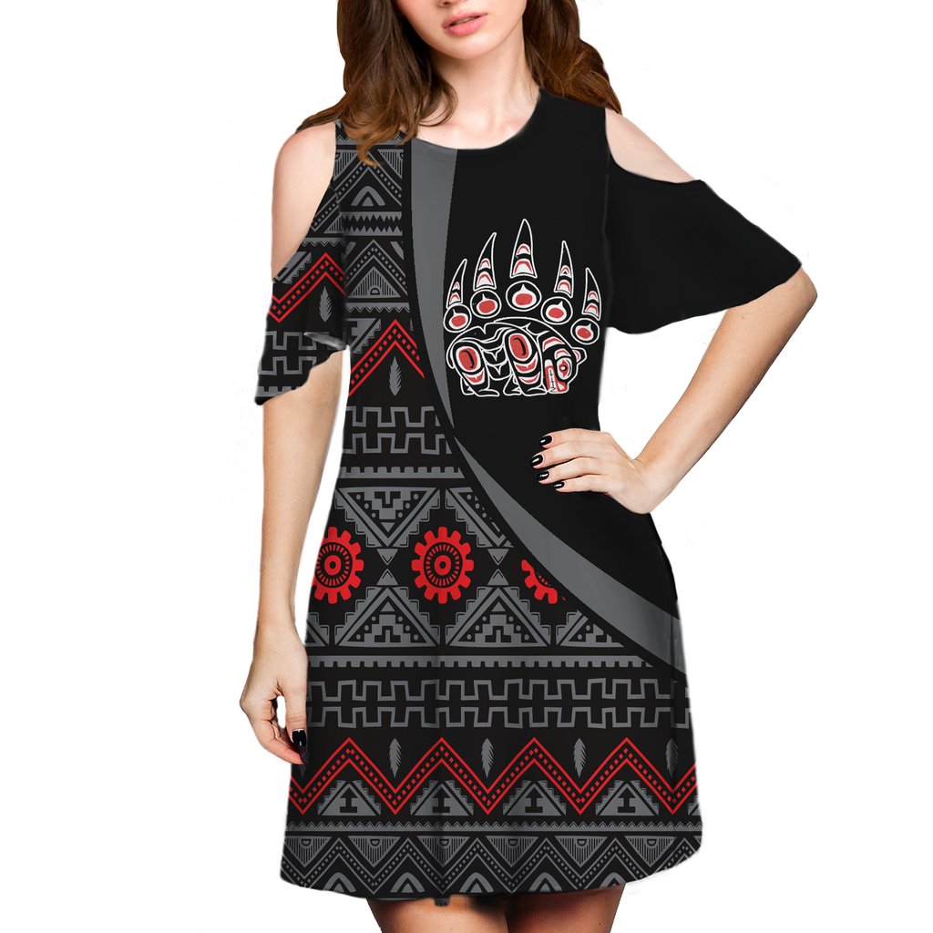 Powwow StoreCSDR0010 Pattern Native Cold Shoulder Dress With A Round Neckline