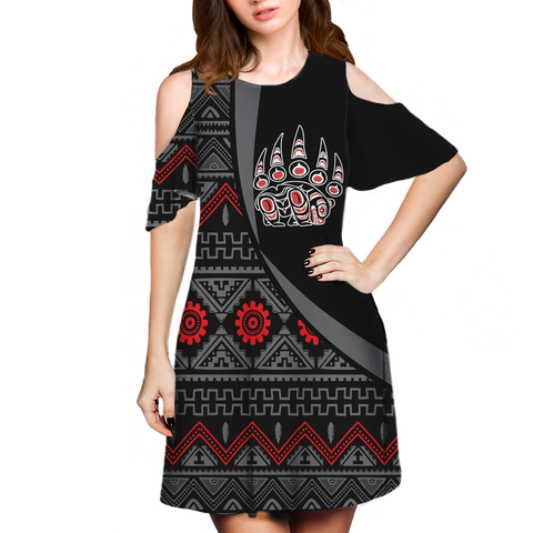 Powwow StoreCSDR0010 Pattern Native Cold Shoulder Dress With A Round Neckline