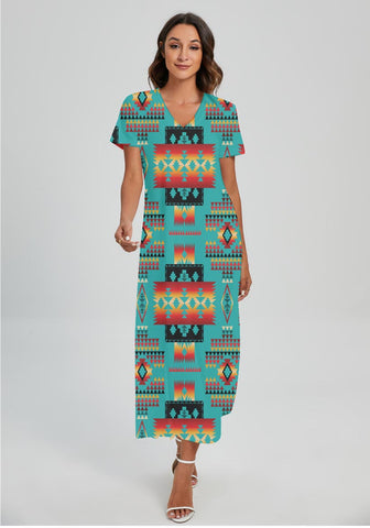 Powwow StoreGBNAT0004601 Pattern Native Vneck Dress With Side Slit