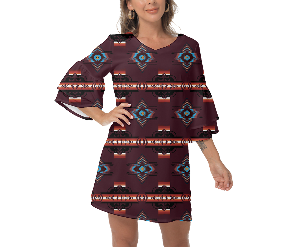 Powwow StoreGBHW00095 Native  Design Print Women's VNeck Dresss