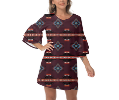 Powwow StoreGBHW00095 Native  Design Print Women's VNeck Dresss