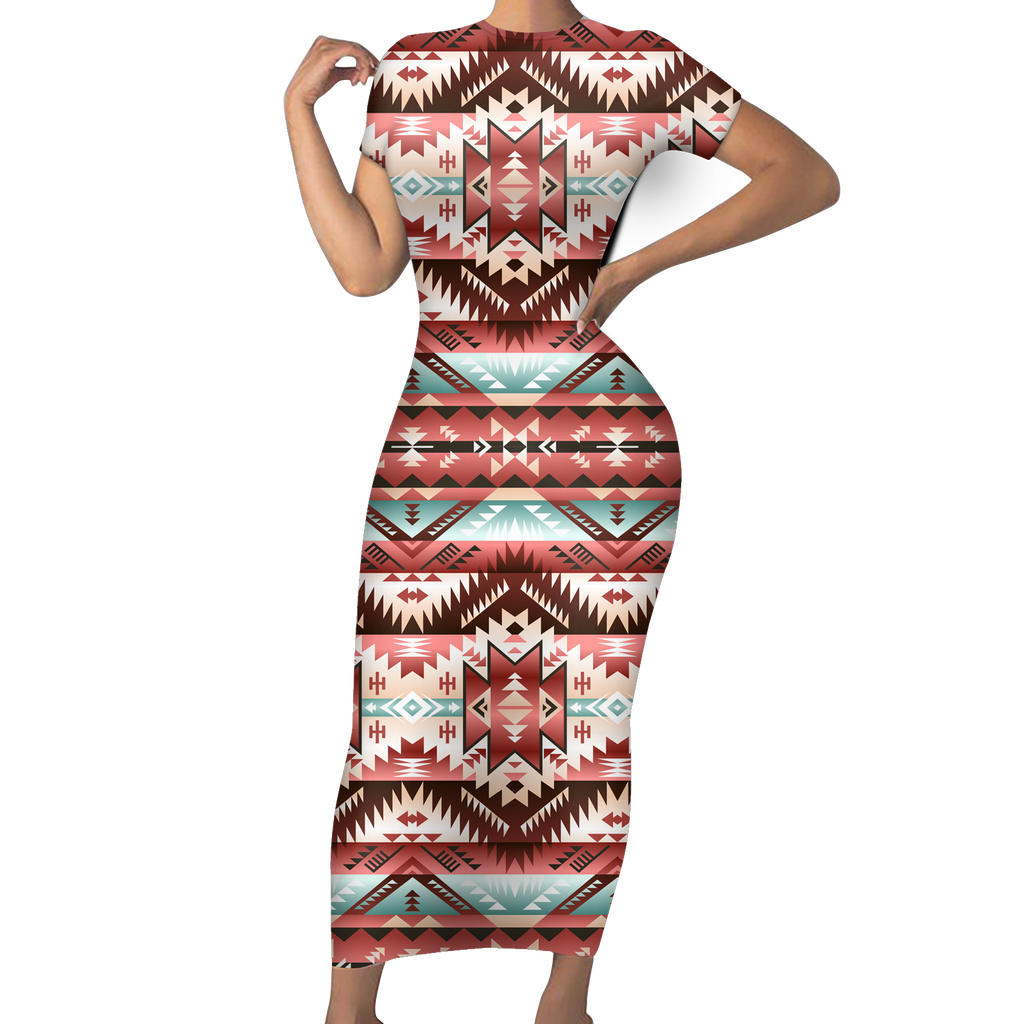 Powwow StoreGBNAT00540 Native Tribes Pattern Native American ShortSleeved Body Dress