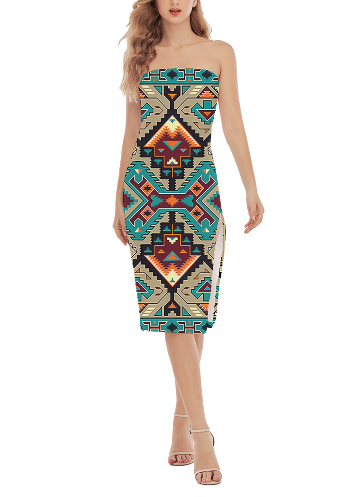 Powwow StoreGBNAT00016 Pattern Native Women's Side Split Tube Top Dress