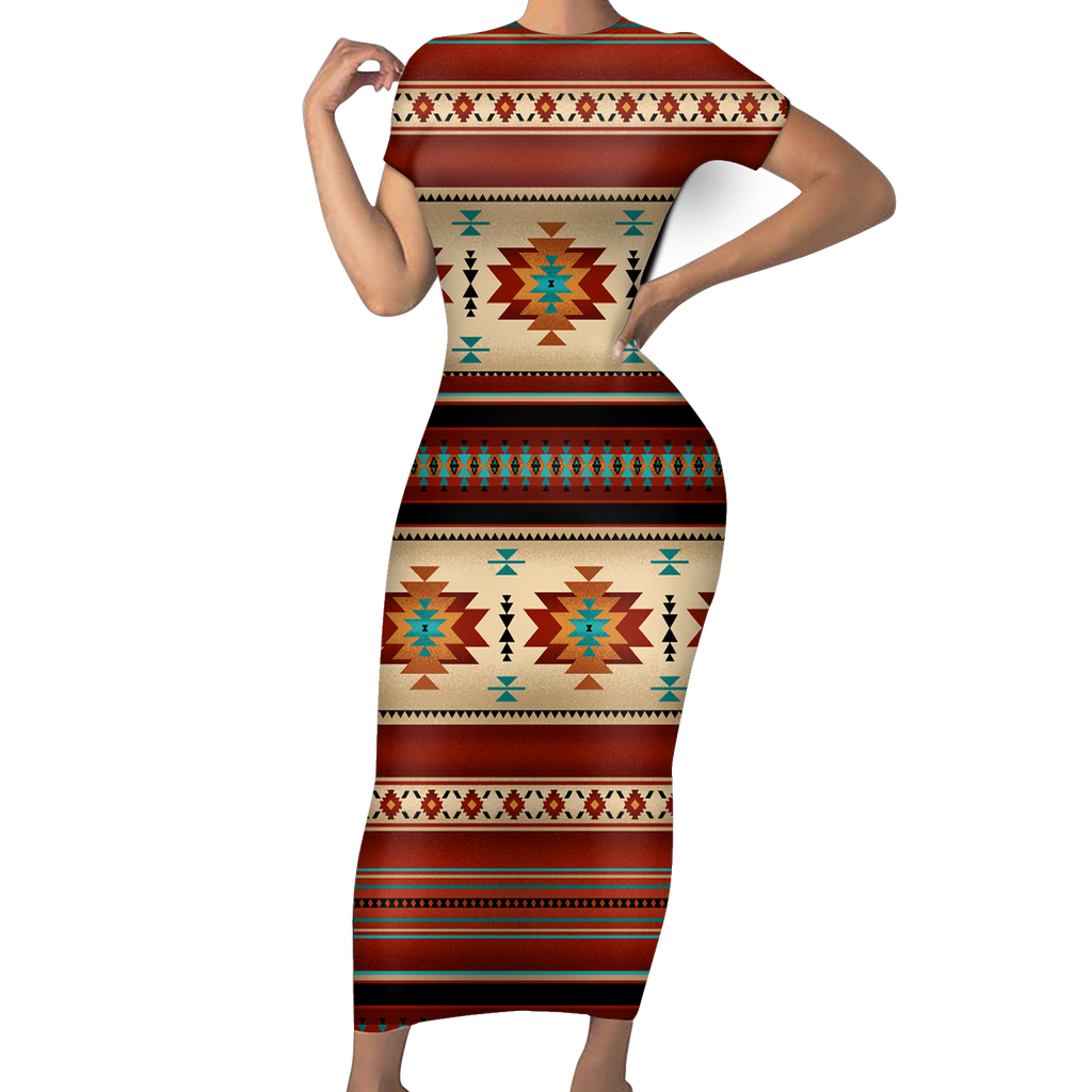 Powwow StoreGBNAT0055902 Native Tribes Pattern Native American ShortSleeved Body Dress