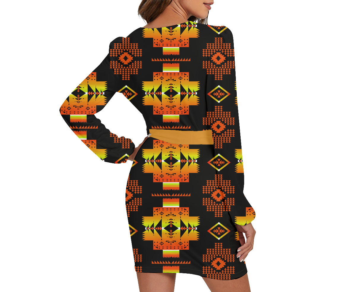 Powwow Storegb nat00720 06 pattern native long sleeve dress with waist belt