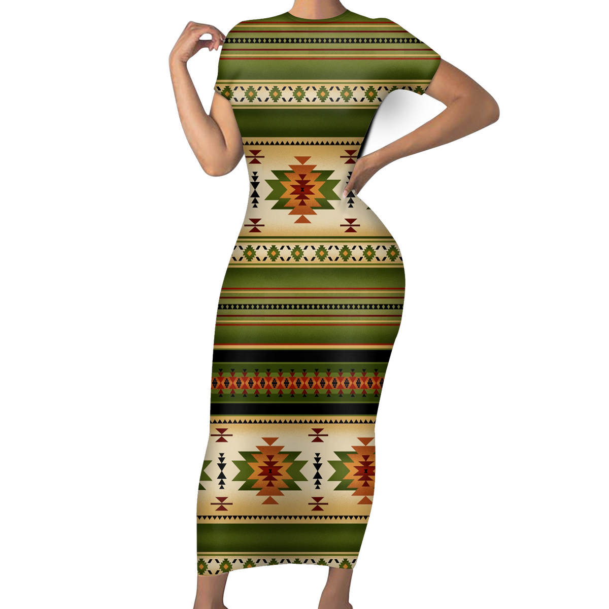 Powwow StoreGBNAT0055903 Native Tribes Pattern Native American ShortSleeved Body Dress