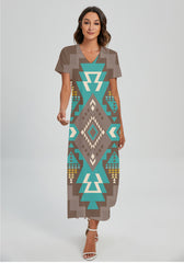 Powwow StoreGBNAT0053801 Pattern Native Vneck Dress With Side Slit
