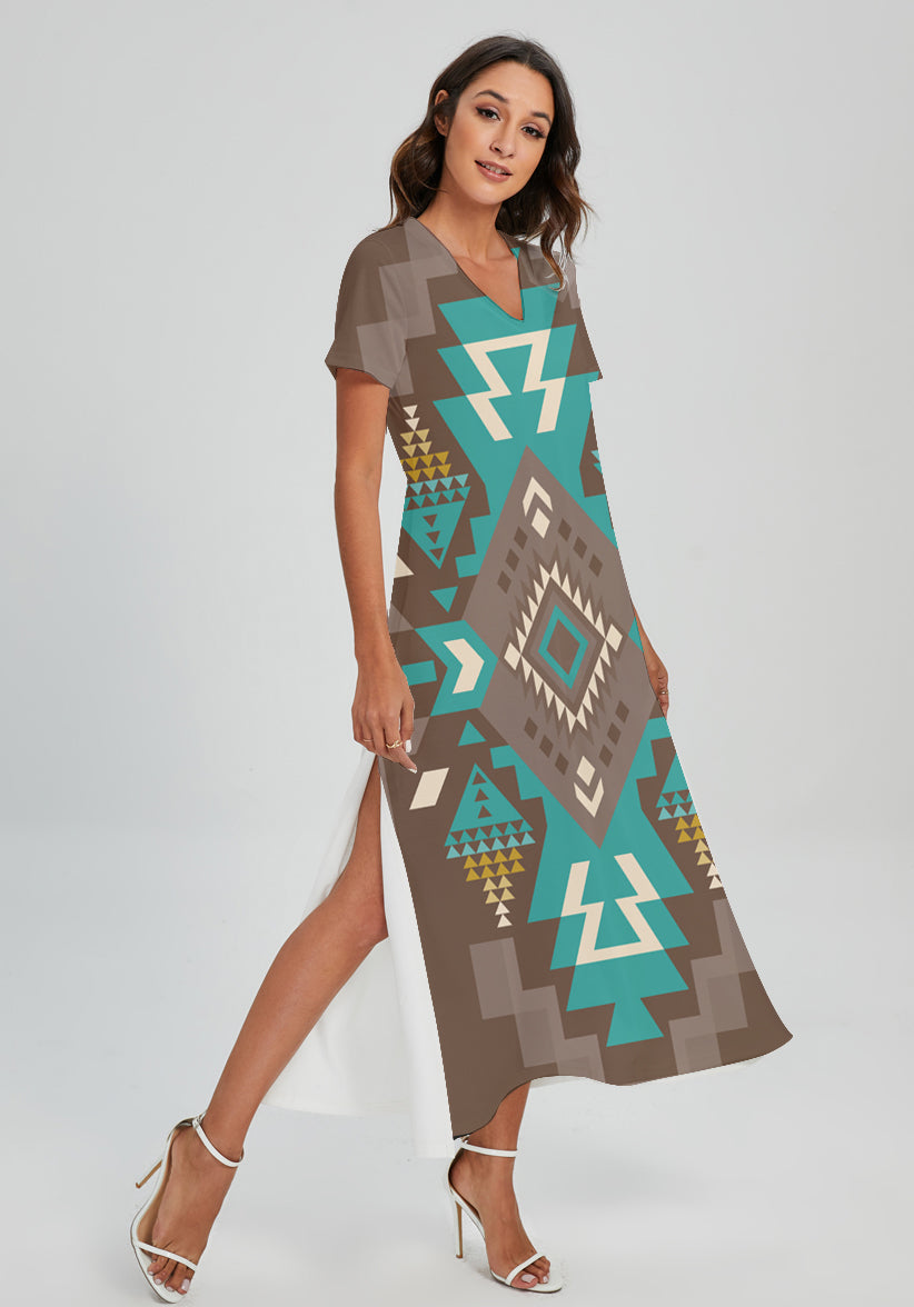 Powwow Storegb nat00538 01 pattern native v neck dress with side slit
