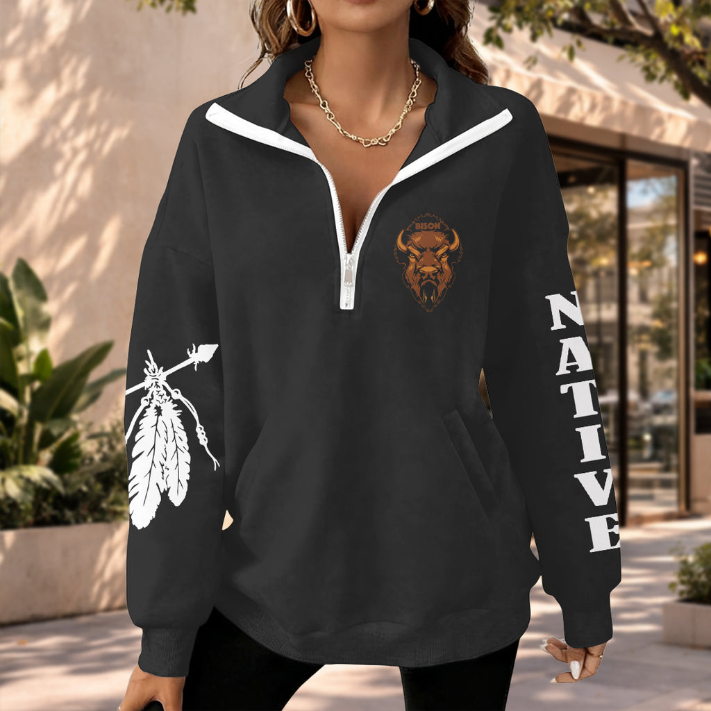 2WPHLL35-03 Native American Women Half-Zip Sweatshirt With Fleece