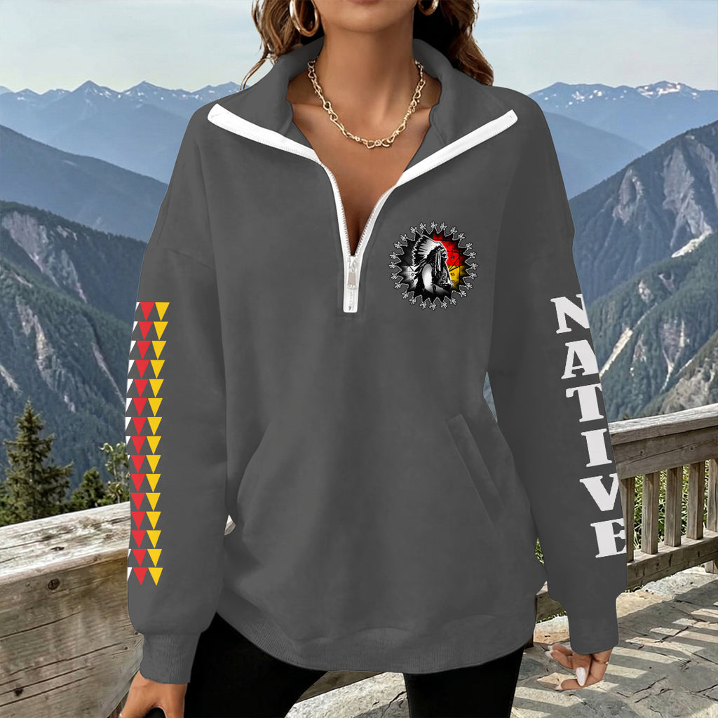 2WPHLL35-12 Native American Women Half-Zip Sweatshirt With Fleece