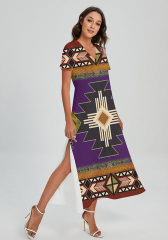 Powwow StoreGBNAT000104 Pattern Native Vneck Dress With Side Slit