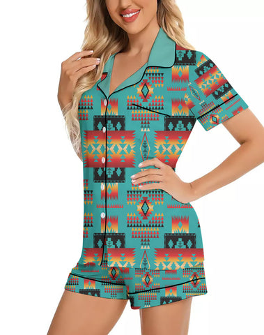 GB-NAT00046-01 Pattern Native American 3D Imitation Silk Pajamas Set with Shorts