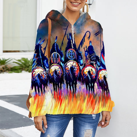GB-NAT00013 Native American Women's Borg Fleece Hoodie With Half Zip