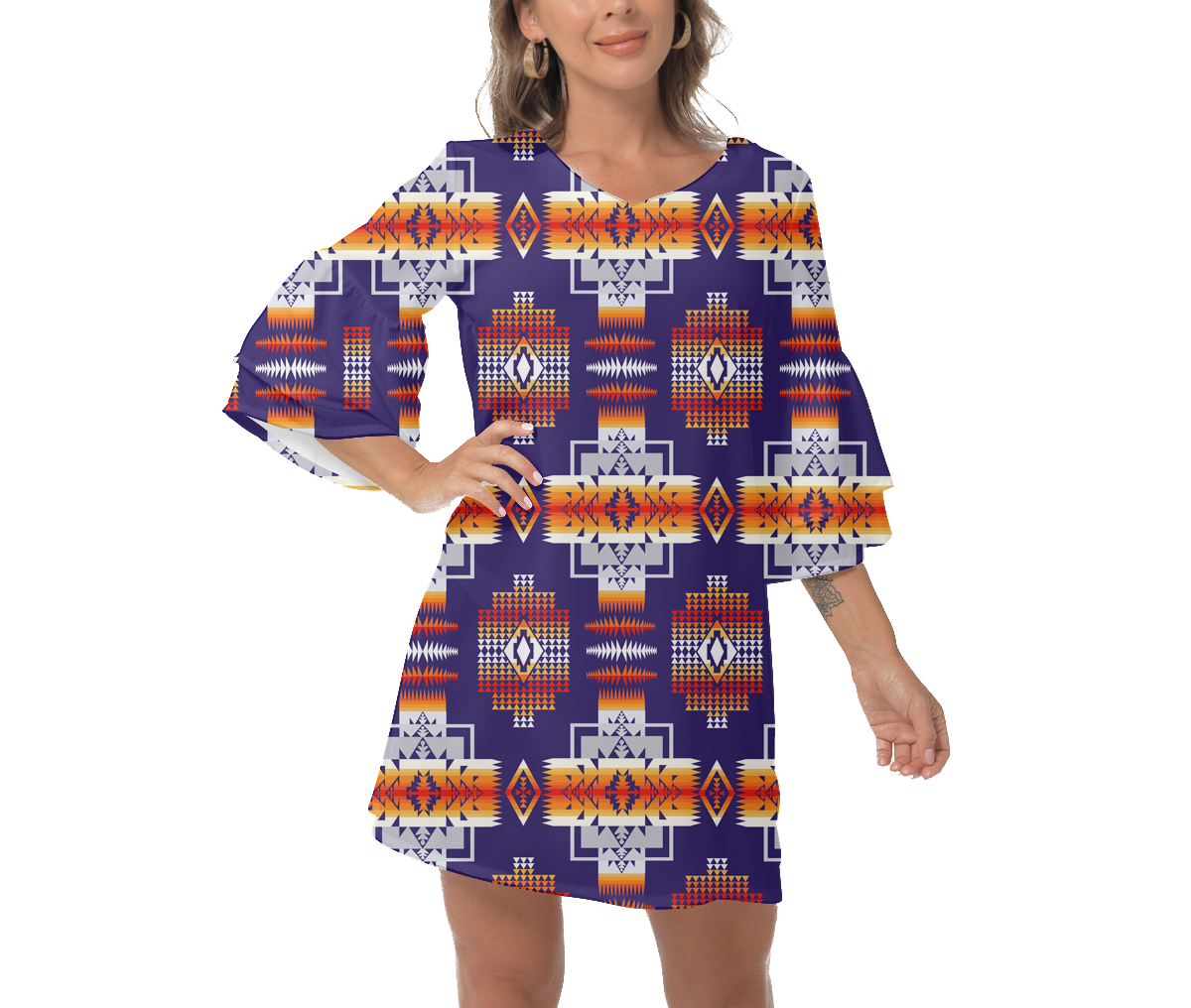 Powwow StoreGBNAT0004 Native  Design Print Women's VNeck Dresss