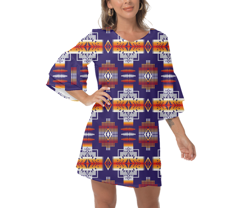 GB-NAT0004 Native  Design Print Women's V-Neck Dresss