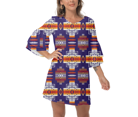 Powwow StoreGBNAT0004 Native  Design Print Women's VNeck Dresss